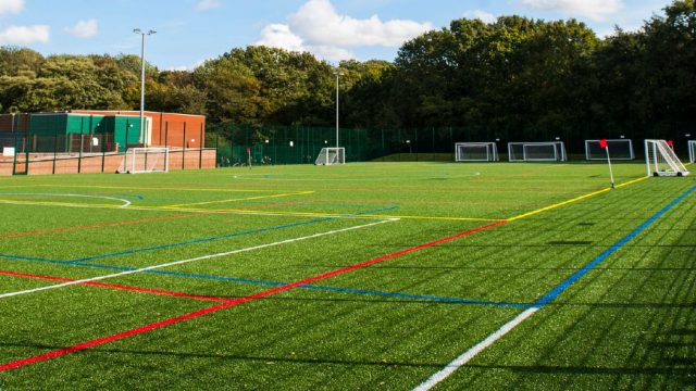 Multi sports pitch, muga, sis pitches, synthetic turf, artificial pitch, multi-coloured lines, red lines, blue lines, yellow lines