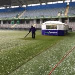 SISGrass hybrid turf system, Gamla Ullevi football stadium in Gothenburg, laying turf in snow